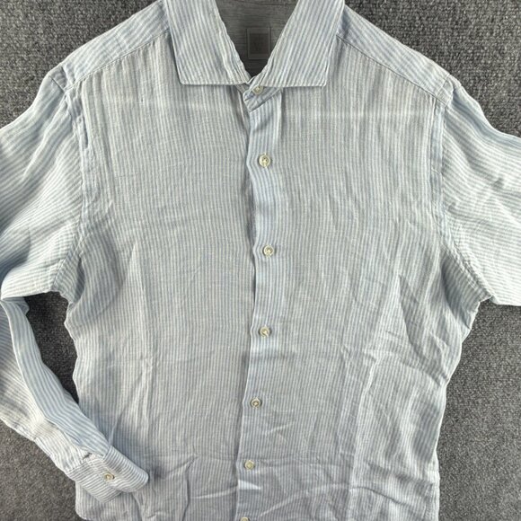 Eleventy Button Up Shirt Striped Blue White Long Sleeve Linen Woven Medium Adult - Picture 1 of 15